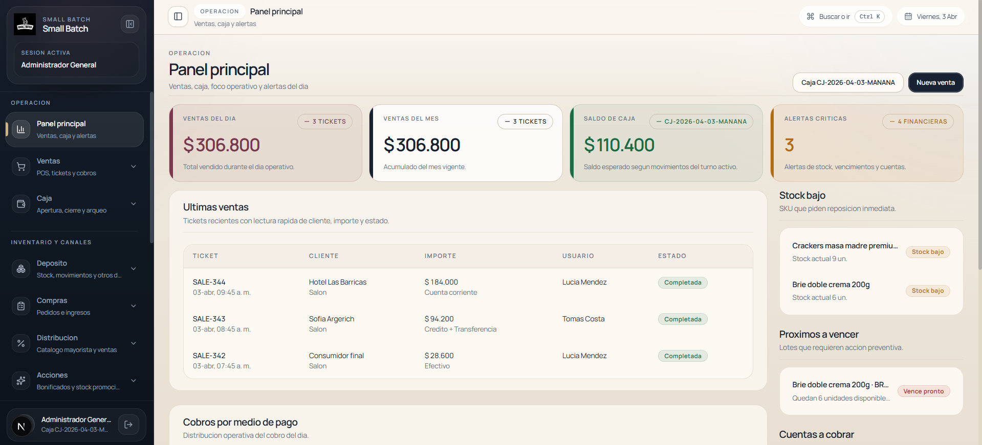 Panel principal real de VinOS
